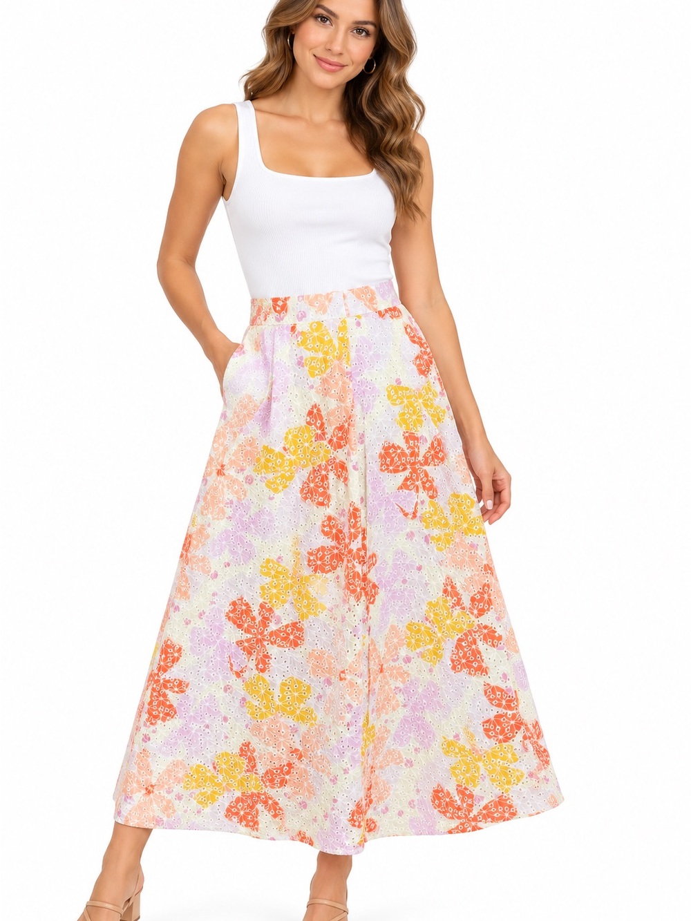 A-Line Maxi Skirt in White with Orange & Yellow Floral Print